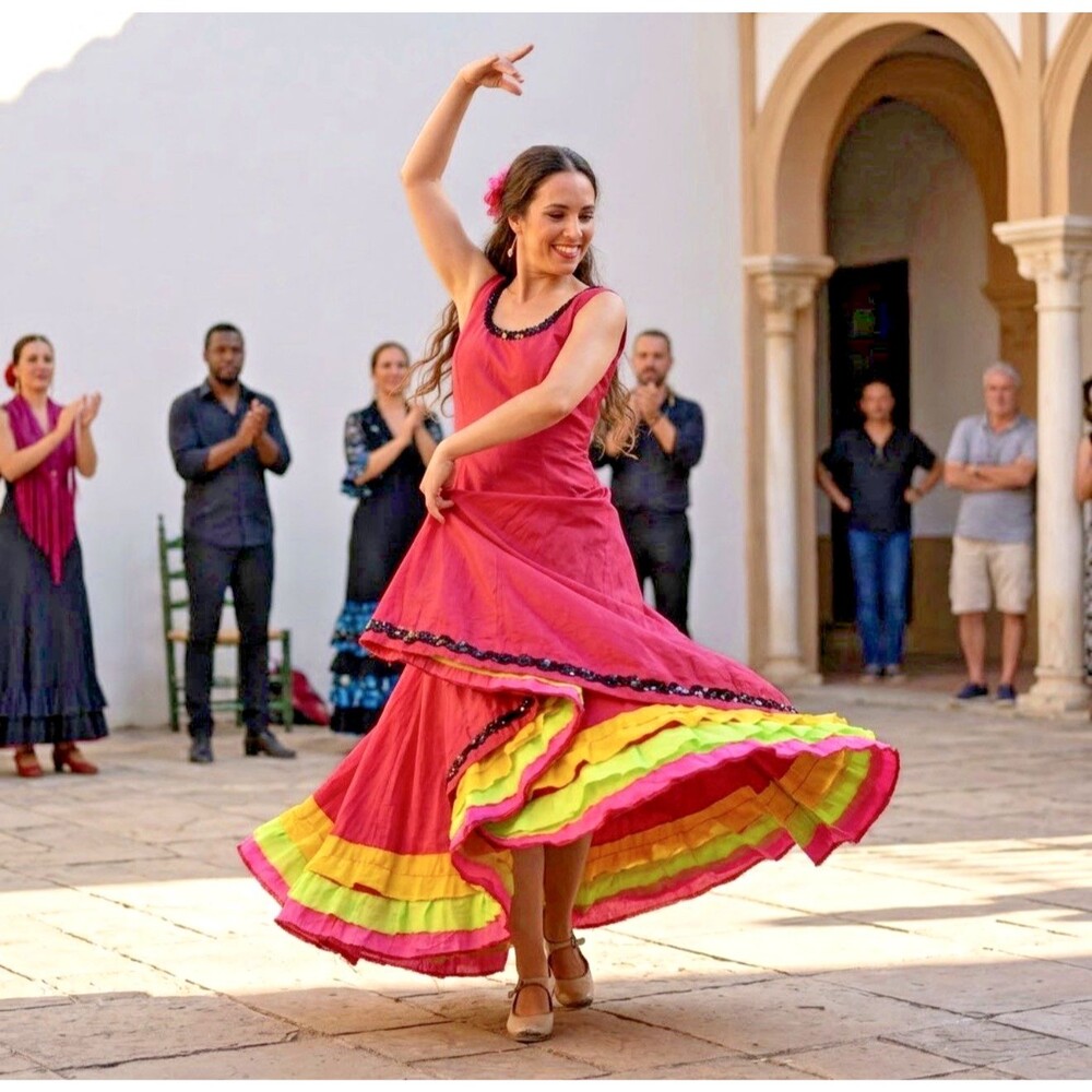A-line fitted midi dress round neckline sequins at the hem dance Flamenco